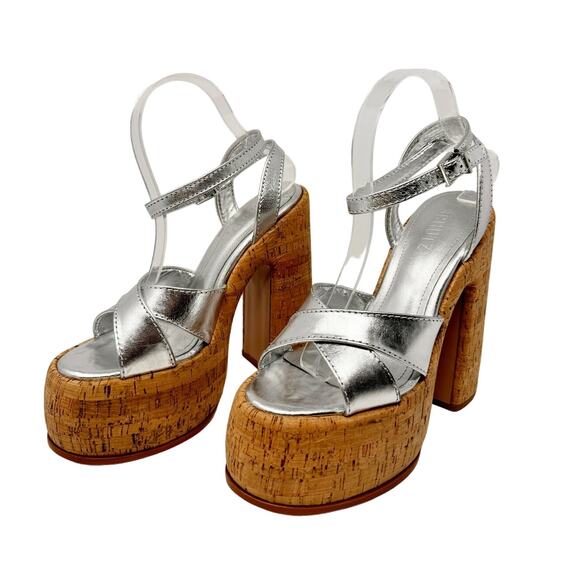 NEW Schutz Pattie Metallic Leather Platform Sandal Chunky Heel Silver US 8.5 - Picture 2 of 8